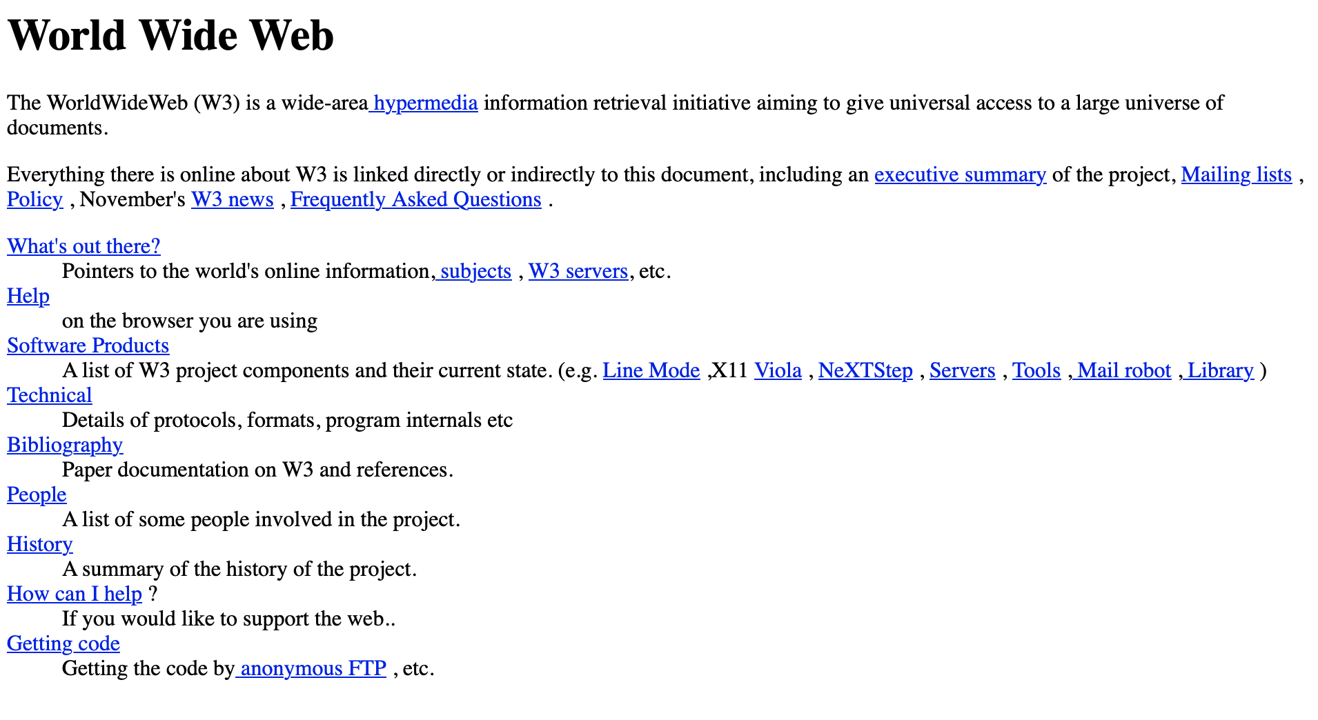 Interfaz textual de la primera página web en info.cern.ch con enlaces de hipertexto, diseñada por Tim Berners-Lee en 1991.