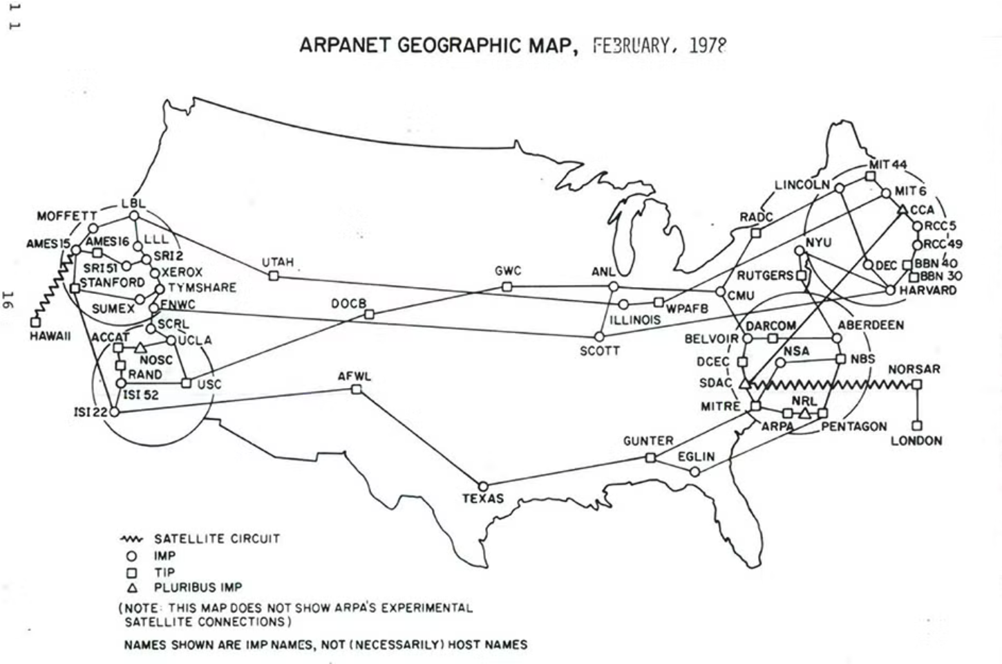 Mapa de nodos de la red ARPANET en los años sesenta, mostrando las primeras conexiones entre universidades estadounidenses.