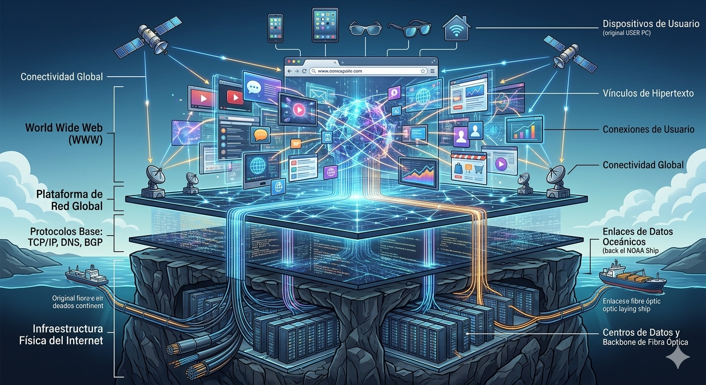 Ilustración conceptual que muestra la infraestructura de Internet como base y la World Wide Web como capa visual superior.