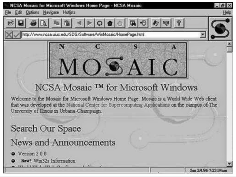 Interfaz del navegador Mosaic de 1993 mostrando una página web con imágenes integradas y botones de navegación gráfica.